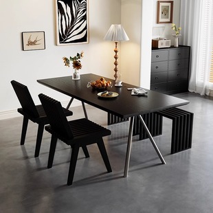 物宅 中古实木餐桌风现代简约书桌长方形实木长餐桌椅组合不锈钢