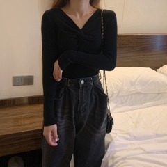 Real shot real price Korean chic slim fit long sleeve T-shirt V-neck knot pit STRIPE TOP