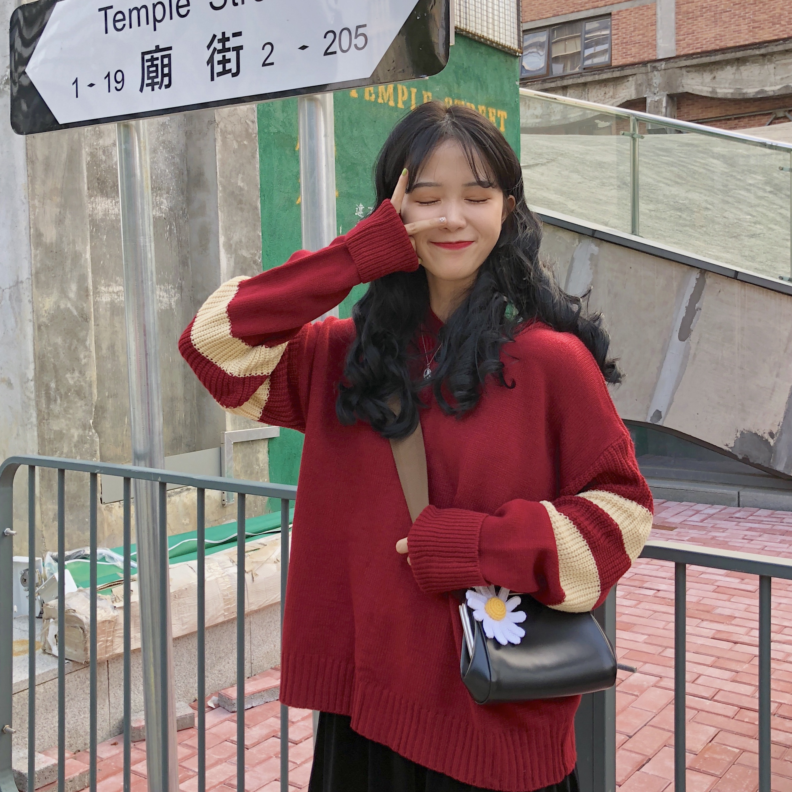 New year's red loose long sleeve hooded striped knitted sweater