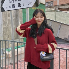 New year's red loose long sleeve hooded striped knitted sweater