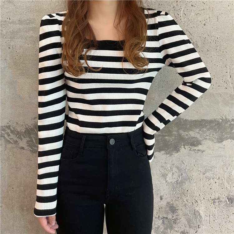 Real price real shot striped square neck bubble sleeve T-shirt versatile long sleeve bottom coat