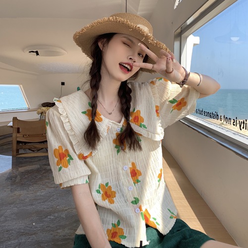 Real price real shot French retro doll collar floral shirt female wood ear side design bubble short-sleeved shirt