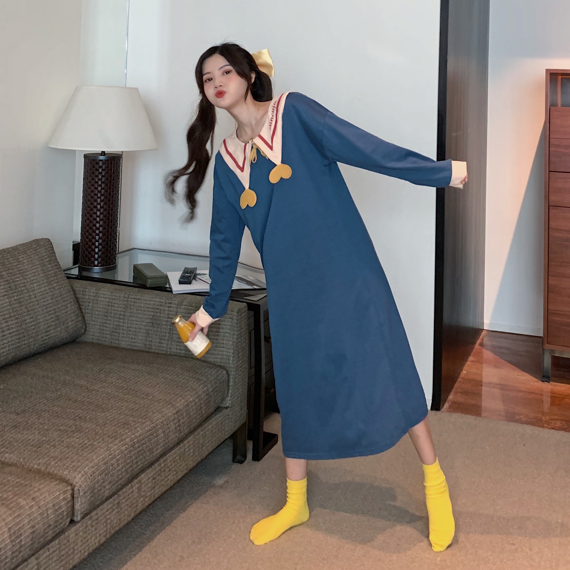 Real price real shot Navy style nightdress women's long sleeve knee length skirt cute cartoon loose home wear