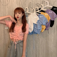 Real price real shot new ear side drawstring open navel bottom shirt for women with short sleeve T-shirt