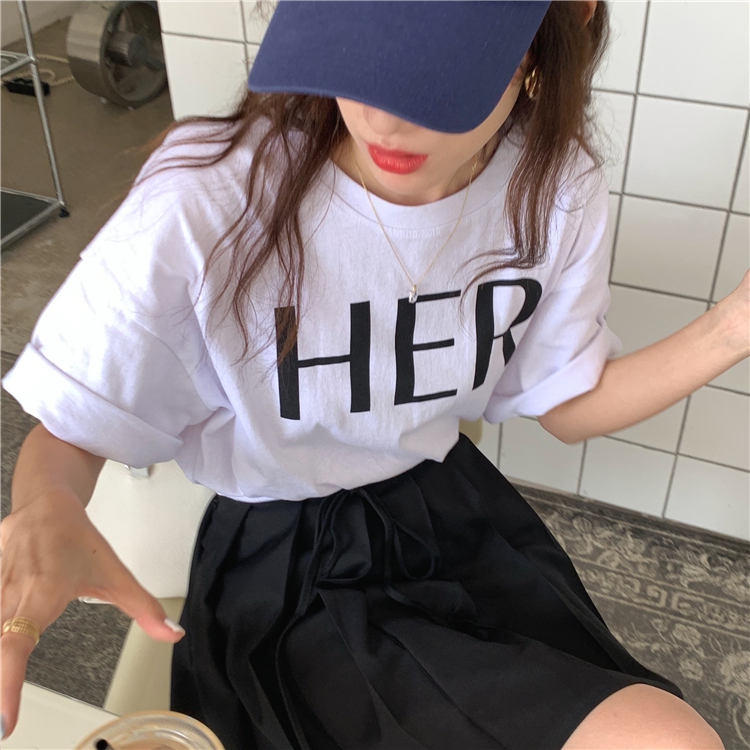 Real price real shot letter printed short sleeve T-shirt for women's loose and versatile slim round neck with top