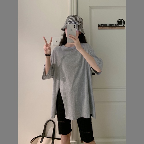 Real price photo loose short sleeve women's split T-Shirt Medium Long Top summer under the tide clothes disappear large version