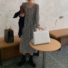 Real price real shot French retro floral dress women's long chiffon long sleeve bottomed skirt winter