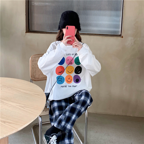 Real price real shooting autumn and winter Jiugong grid smiling face T-shirt long sleeve + plaid pants two-piece loose pants