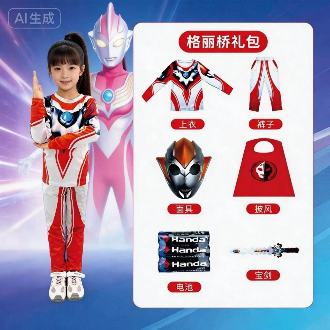 。男女童格丽乔奥特曼衣服亮灯迪迦长袖长裤小女孩卡通演出表演服