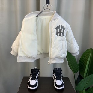 男童白色外套秋冬棒球服2024新款痞帅儿童夹棉男孩宝宝春秋装棉服