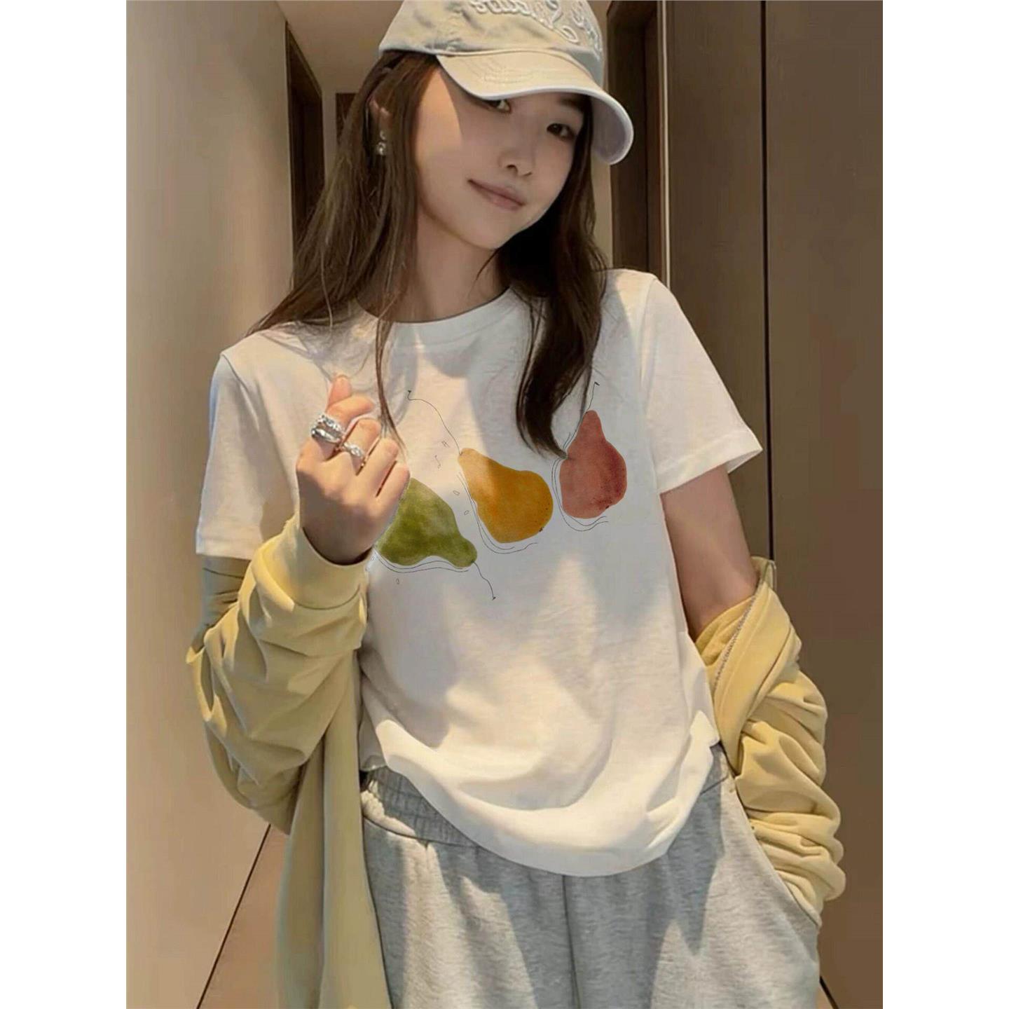 深圳南油2026夏季韩系手绘水彩梨子印花T恤女显瘦百修身短袖上衣