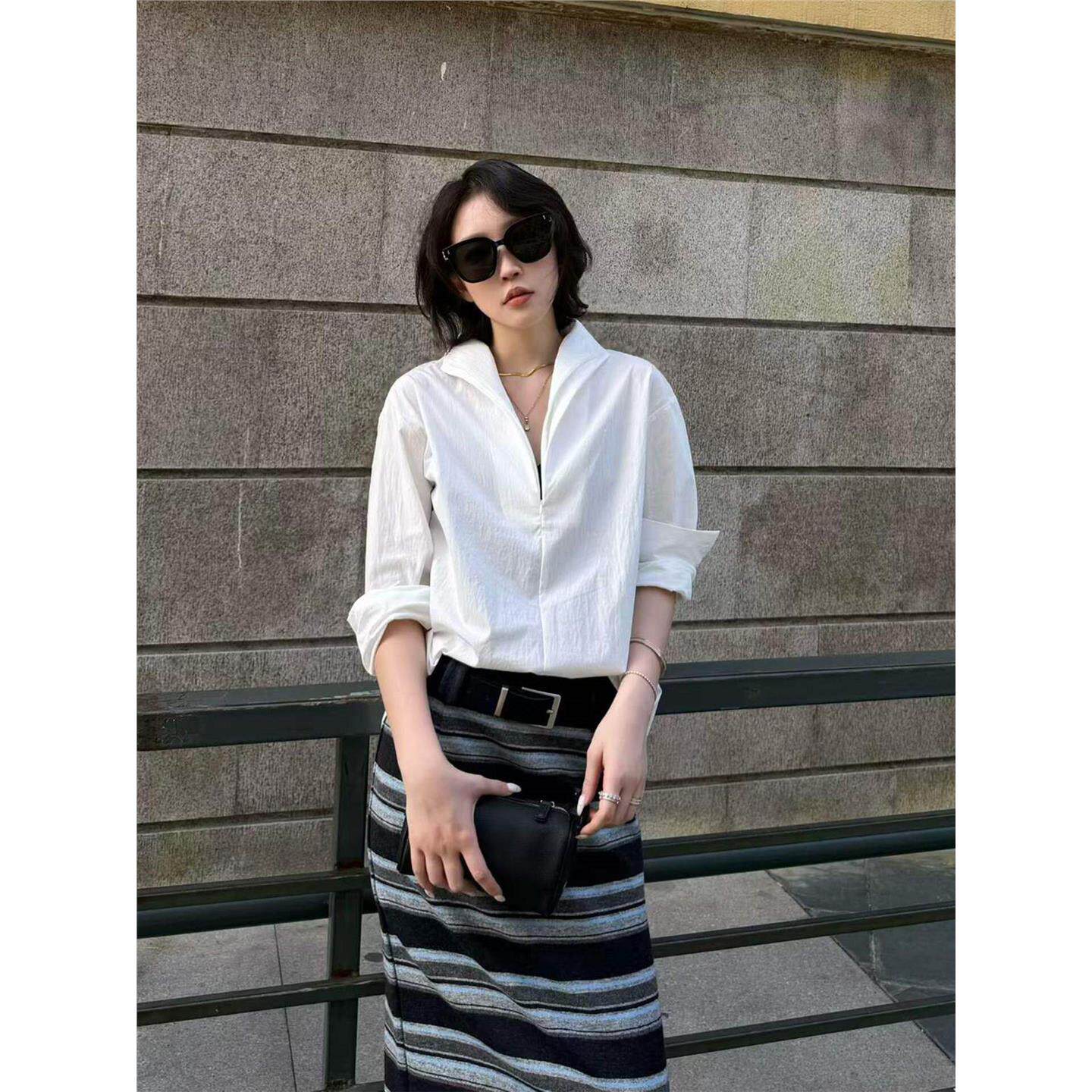 Qian.J深圳南油2026秋冬半拉链立领衬衫女肌理感宽松长袖通勤衬衣