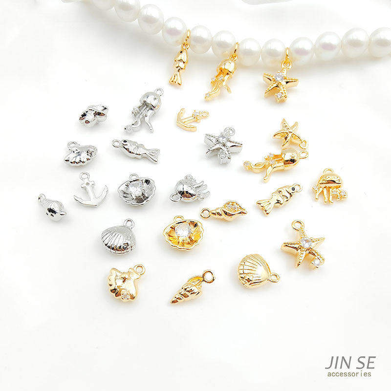镀18K14K真金保色海洋生物系列镶锆石小吊坠diy手链项链尾链挂件