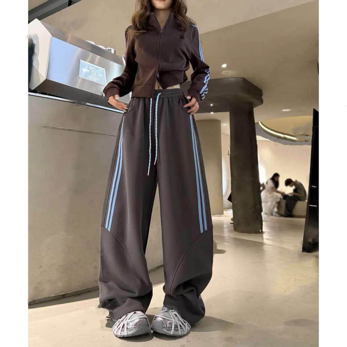 美式高腰阔腿显瘦双条杠卫裤女