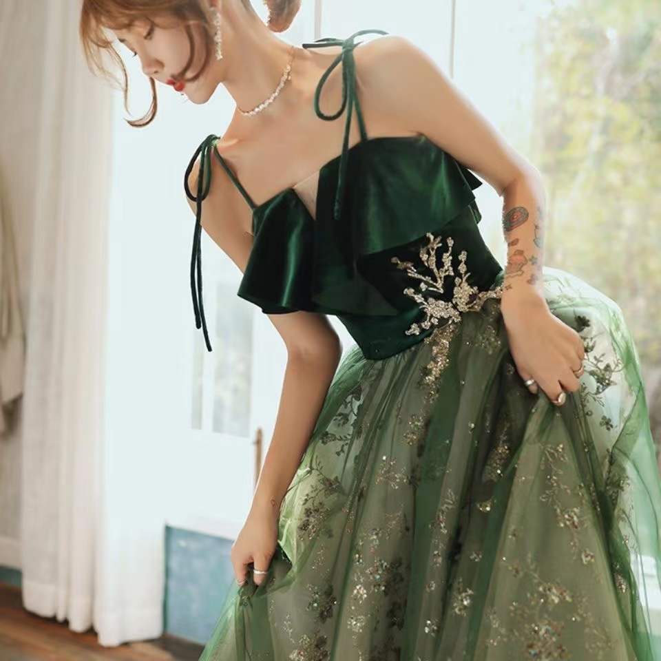 合唱晚礼服2024外贸新款吊带气质长款礼服仙气梦幻森系演出宴会服