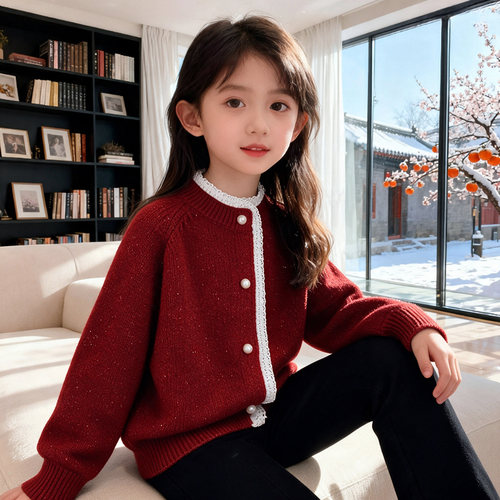 女童红色小香风开衫毛衣外套