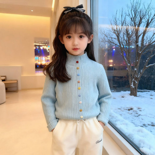 女童冬季一体绒加厚毛衣针织衫