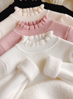 女童花边领一体绒毛衣针织衫2025秋冬款儿童加厚半高领打底衫上衣