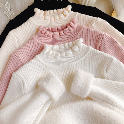 女童花边领一体绒毛衣打底衫童装