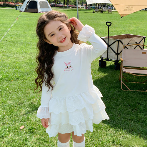 女童蕾丝连衣裙春装2026新款儿童白色公主蛋糕裙小女孩长袖打底裙