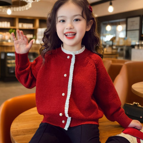 女童小香风过年红色开衫毛衣