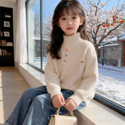 女童一体绒半高领设计感秋冬毛衣