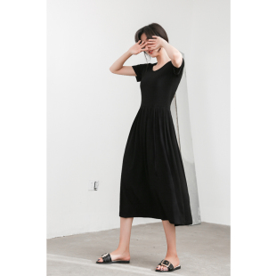 小码 19欧美风新款 莫代尔打底长裙收腰显瘦百褶连衣裙大码 秋季 女装