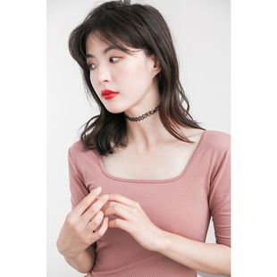 小碼 chic春夏裝 大碼 打底衫 女復古方領t恤修身 黑色U領上衣顯瘦中袖