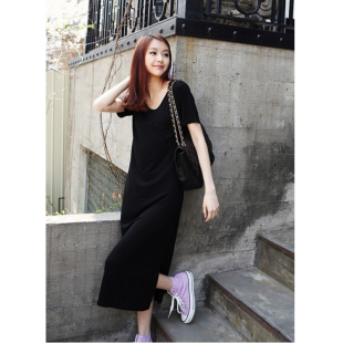 小码 连衣裙大码 女莫代尔宽松过膝侧开叉长裙短袖 欧美风街拍夏秋装