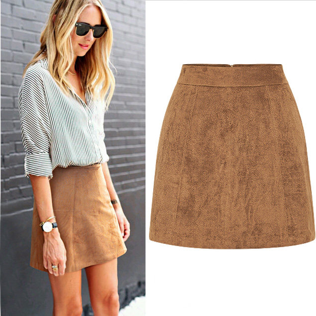 欧美风chic秋冬装黑色驼色高腰半身裙复古麂皮绒A字裙短裙女大码