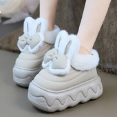 毛绒兔耳朵拖鞋 高跟防水棉拖鞋 保暖厚底包跟棉鞋 女冬增高防滑外穿