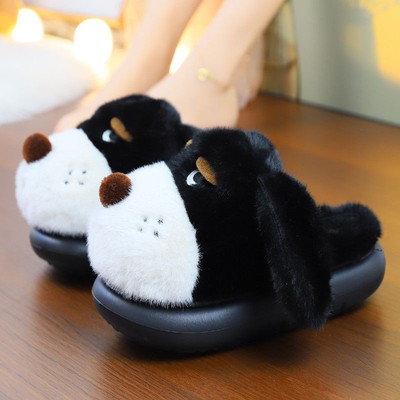 可爱狗狗拖鞋黑色毛毛拖鞋高跟棉拖鞋女冬季增高软底外穿防滑棉拖