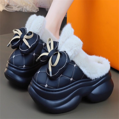 高跟保暖黑色棉拖鞋厚底毛绒兔耳朵拖鞋坡跟女冬外穿防滑防水增高