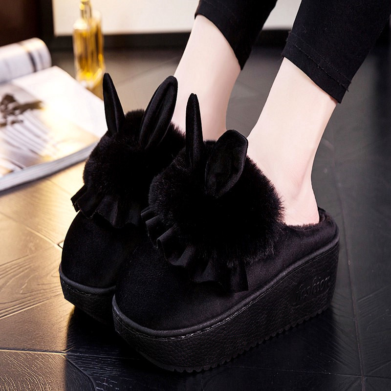 冬季毛绒兔兔高跟厚底防滑棉拖鞋