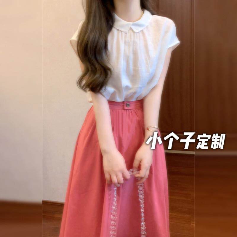 150小矮个子夏季搭配高级感法式小飞袖衬衫上衣女高腰a字半身裙xs