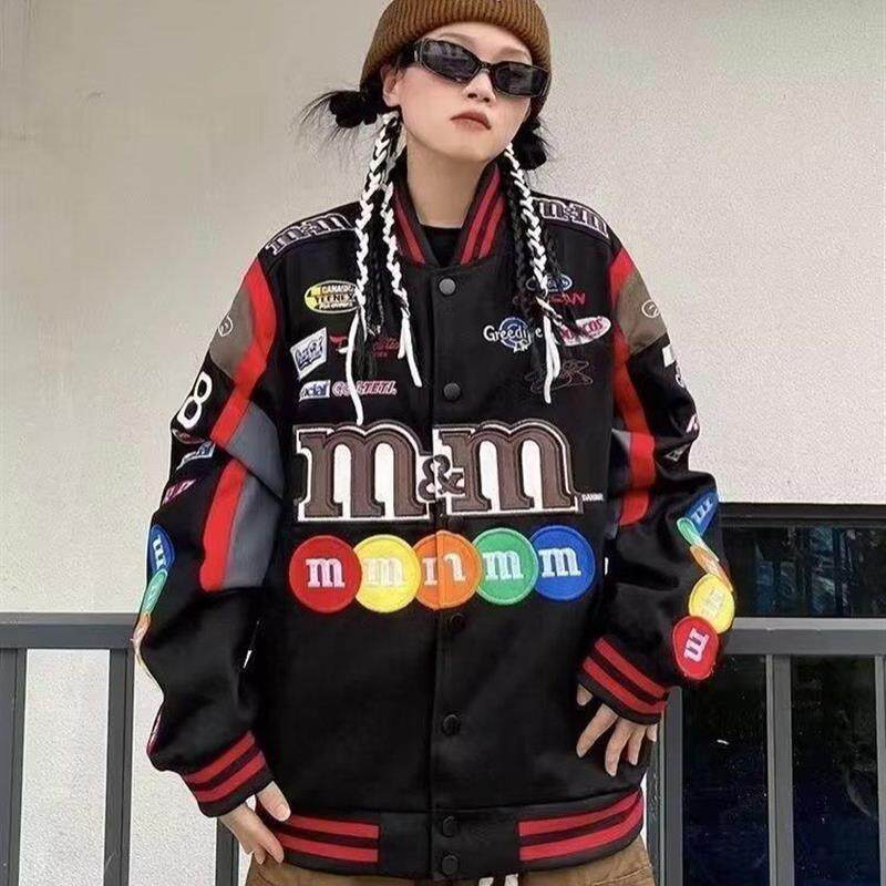 秋款机车夹克美式男女宽松徽章国潮复古外套斜纹绣花B