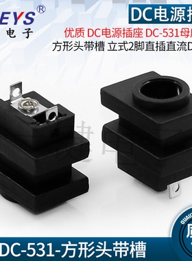DC-531 2脚直插优质DC电源母座接口方形头带槽 立式直流DC插座