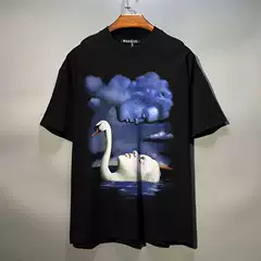 Face of Swan Lake Off-Shoulder Short-Sleeve T-Shirt for Men, Trendy Brand, Unique Fashion, Tiktok ins Half-Sleeve Oversized Hip-Hop Summer