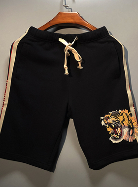 潮流时尚老虎头休闲过膝五分裤宽松运动超火cec短裤男潮牌ins夏季