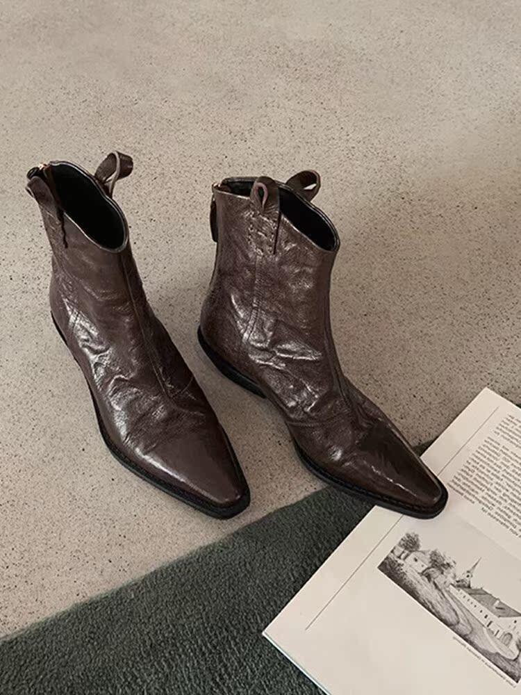 SHEEPSKIN VERSION LEATHER RETRO POINTED TOE V-MOUTH BOOTIES 2023 AUTUMN AND WINTER NEW BLOCK HEEL SLIMMING BACK ZIPPER WESTERN BOOTS