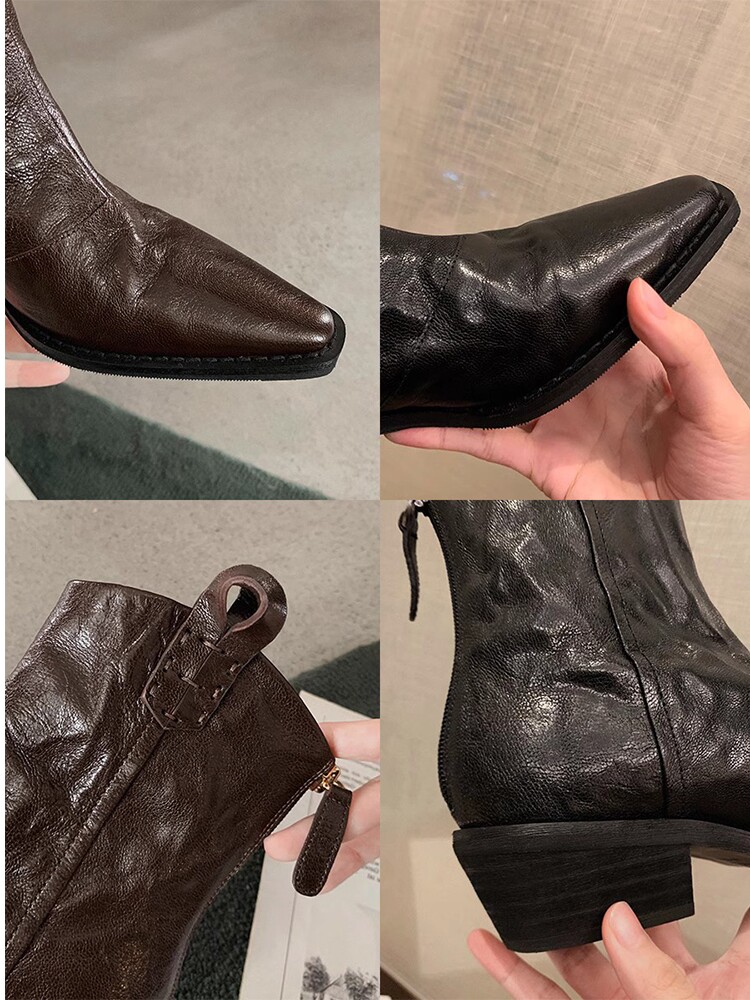 SHEEPSKIN VERSION LEATHER RETRO POINTED TOE V-MOUTH BOOTIES 2023 AUTUMN AND WINTER NEW BLOCK HEEL SLIMMING BACK ZIPPER WESTERN BOOTS