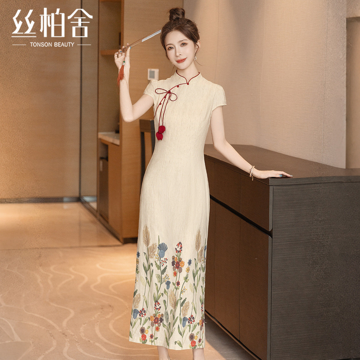 丝柏舍新中式旗袍2026夏装新款立领修身短袖印花大码女装连衣裙