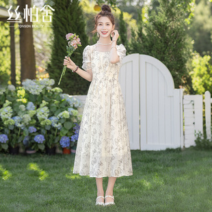 连衣裙2025夏季 时尚 丝柏舍短袖 新款 中长裙 方领温柔甜美风大码 女装