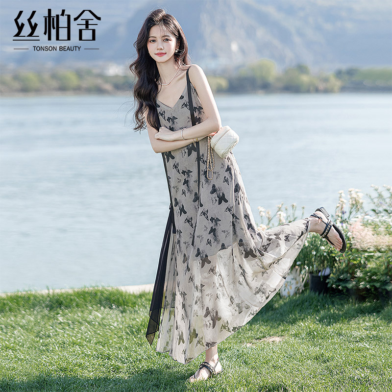 丝柏舍长款连衣裙2025夏装新款女装宽松款优雅气质大裙摆吊带裙