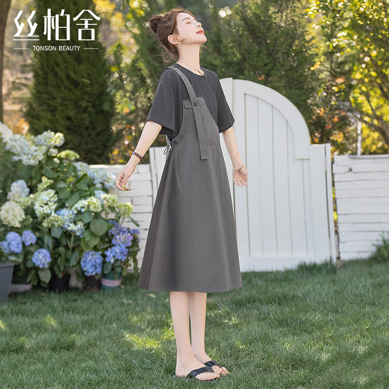 丝柏舍假两件连衣裙2025夏装新款女装休闲工装风圆领A字中长裙