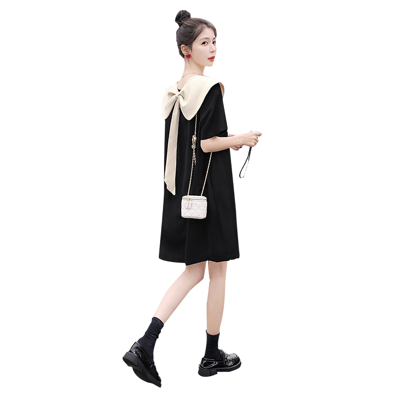 絲柏舍優(yōu)雅連衣裙2025夏裝新款女裝撞色蝴蝶結(jié)翻領(lǐng)寬松顯瘦裙子