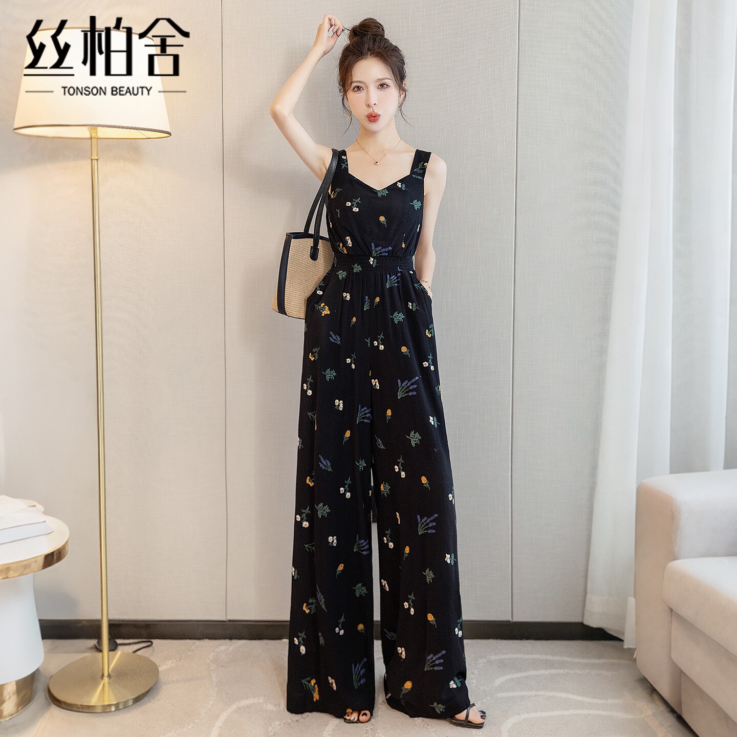 丝柏舍绣花连体裤2026夏装新款时尚无袖休闲长款大码女装阔腿裤