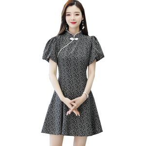 RM19816#新款旗袍改良版碎花裙女装夏季名媛复古泡泡袖收腰时尚连衣裙