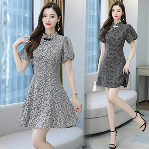 RM19816#新款旗袍改良版碎花裙女装夏季名媛复古泡泡袖收腰时尚连衣裙