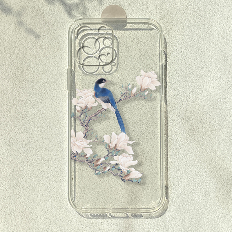 玉兰花鸟适用iPhone15promax手机壳苹果14透明13中国风nova11复古ins风一加10清新reno9艺术mate50e软7/8/se2